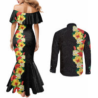Hawaii Tropical Flowers Tribal Pattern Couples Matching Mermaid Dress and Long Sleeve Button Shirt No2 LT9 - Polynesian Pride