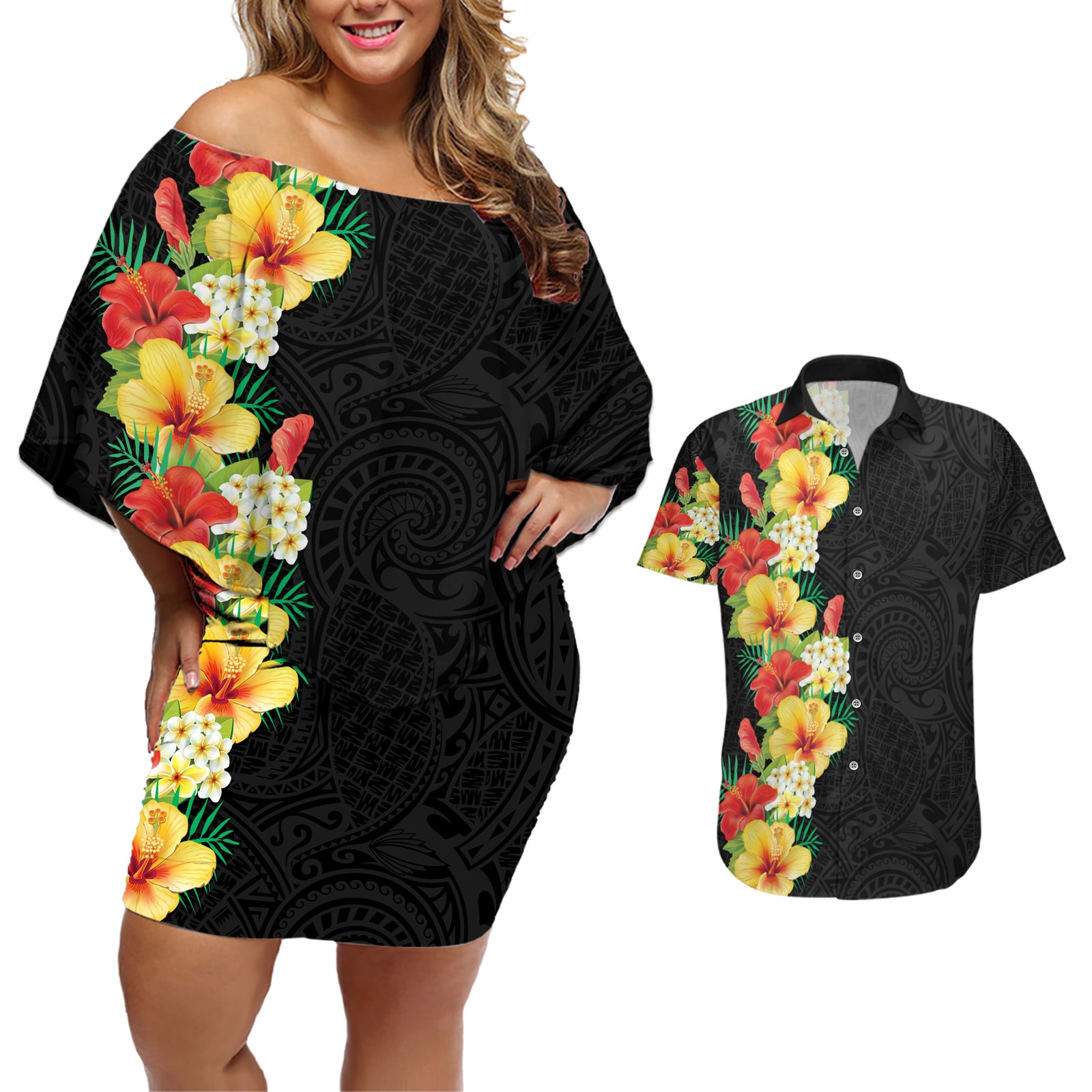 Hawaii Tropical Flowers Tribal Pattern Couples Matching Off Shoulder Short Dress and Hawaiian Shirt No2 LT9 Black - Polynesian Pride