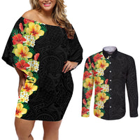 Hawaii Tropical Flowers Tribal Pattern Couples Matching Off Shoulder Short Dress and Long Sleeve Button Shirt No2 LT9 Black - Polynesian Pride