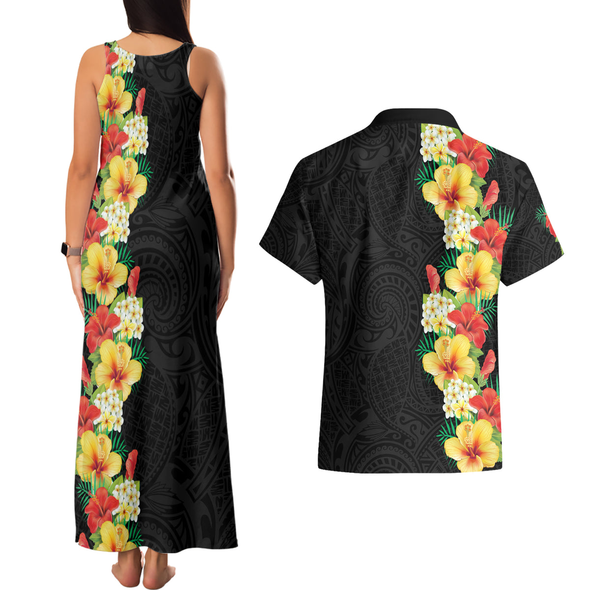 Hawaii Tropical Flowers Tribal Pattern Couples Matching Tank Maxi Dress and Hawaiian Shirt No2 LT9 - Polynesian Pride