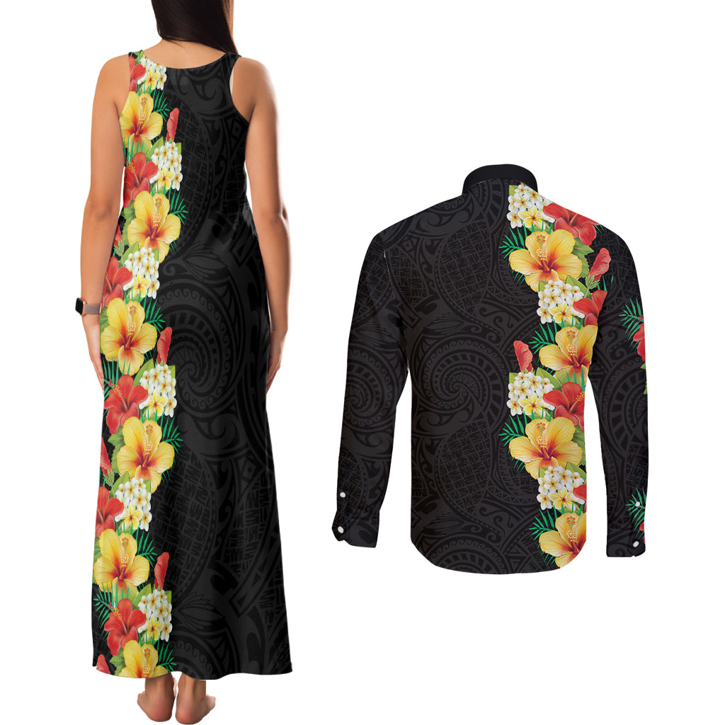 Hawaii Tropical Flowers Tribal Pattern Couples Matching Tank Maxi Dress and Long Sleeve Button Shirt No2 LT9 - Polynesian Pride