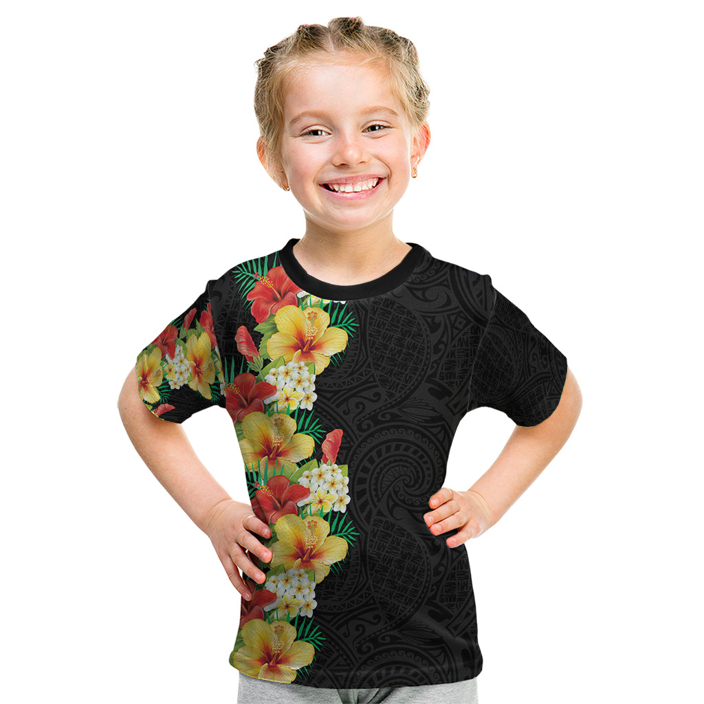Hawaii Tropical Flowers Tribal Pattern Kid T Shirt No2 LT9 Black - Polynesian Pride