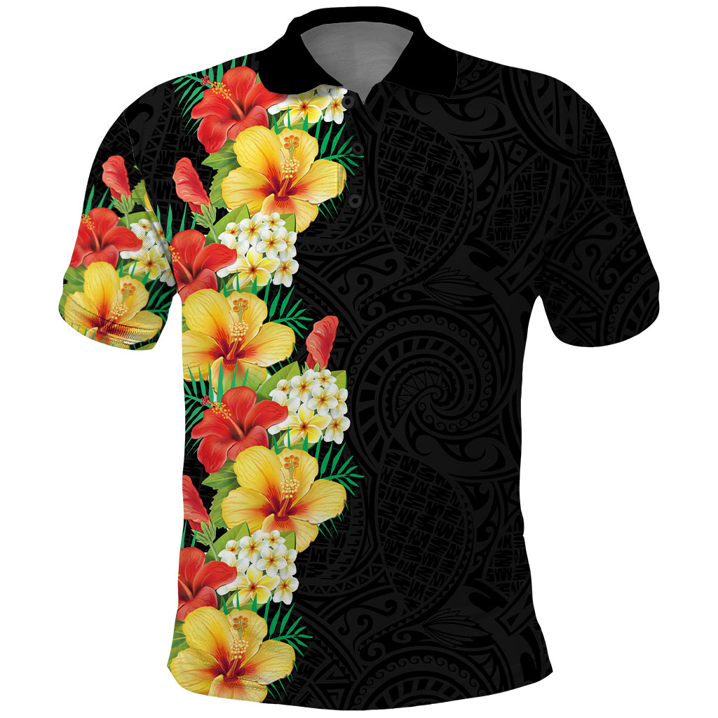 Hawaii Tropical Flowers Tribal Pattern Polo Shirt No2 LT9 Black - Polynesian Pride
