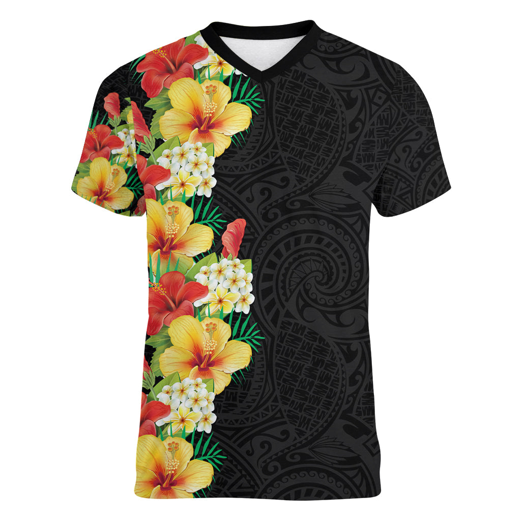 Hawaii Tropical Flowers Tribal Pattern Women V Neck T Shirt No2 LT9 Female Black - Polynesian Pride