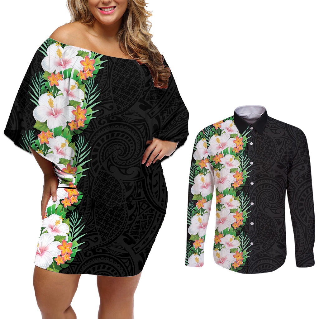 Hawaii Tropical Flowers Tribal Pattern Couples Matching Off Shoulder Short Dress and Long Sleeve Button Shirt No3 LT9 Black - Polynesian Pride