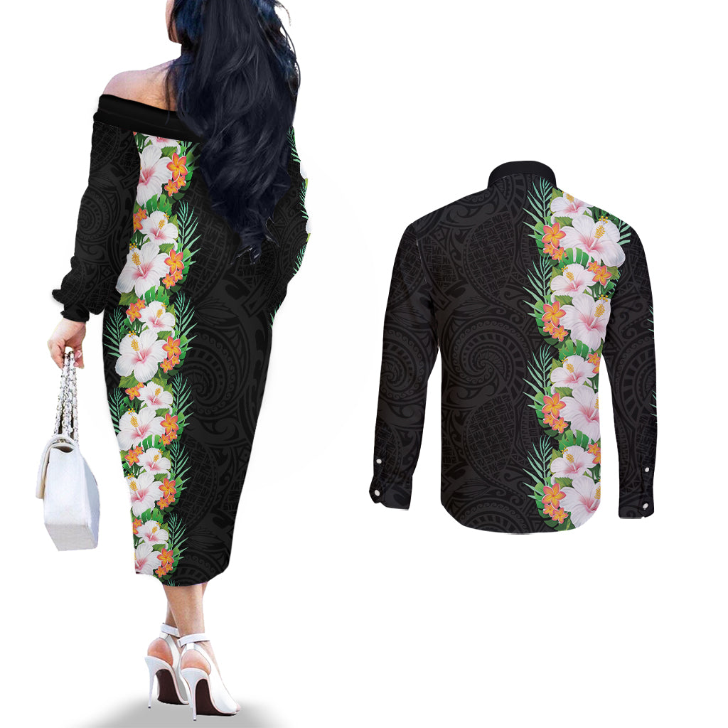 Hawaii Tropical Flowers Tribal Pattern Couples Matching Off The Shoulder Long Sleeve Dress and Long Sleeve Button Shirt No3 LT9 - Polynesian Pride