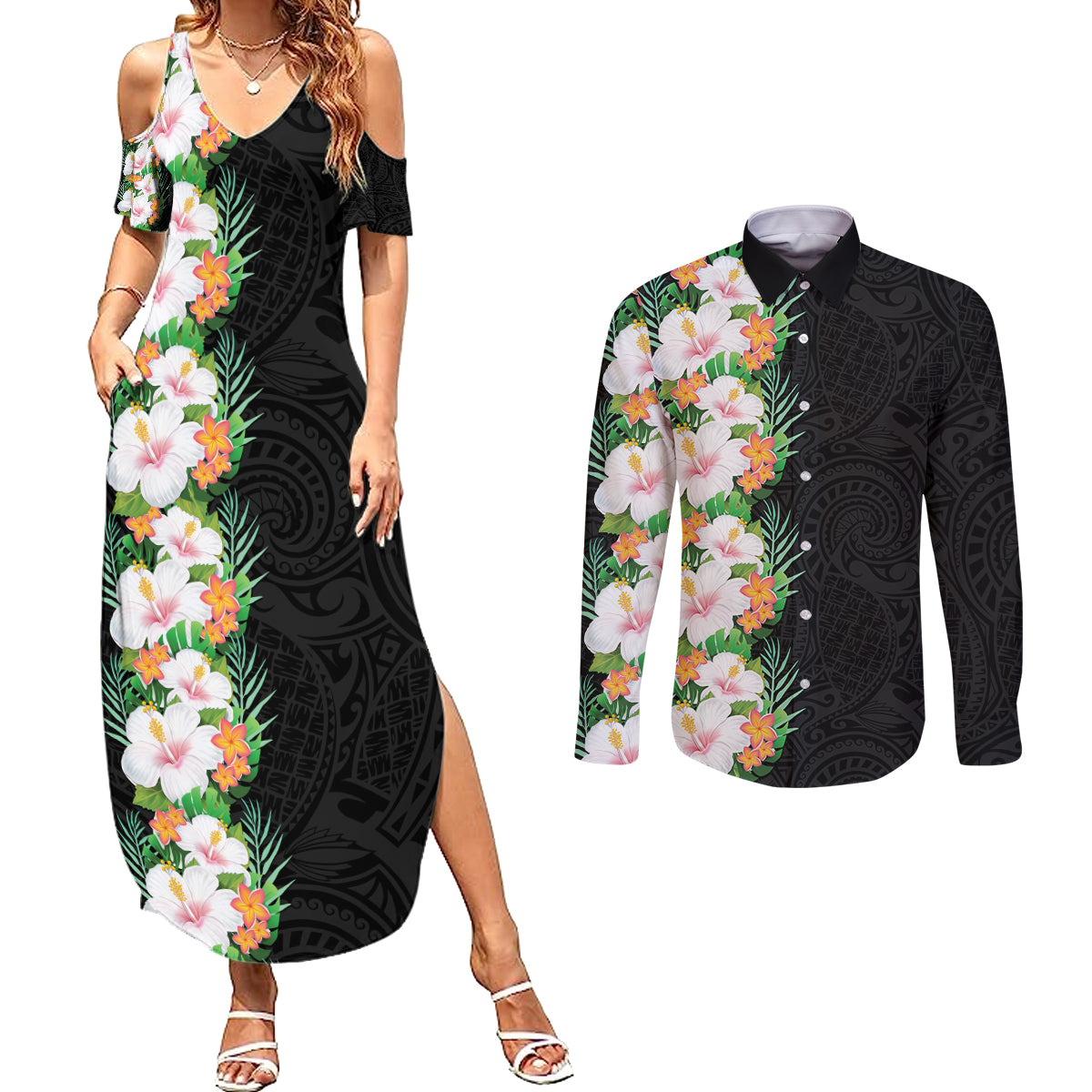 Hawaii Tropical Flowers Tribal Pattern Couples Matching Summer Maxi Dress and Long Sleeve Button Shirt No3 LT9 Black - Polynesian Pride