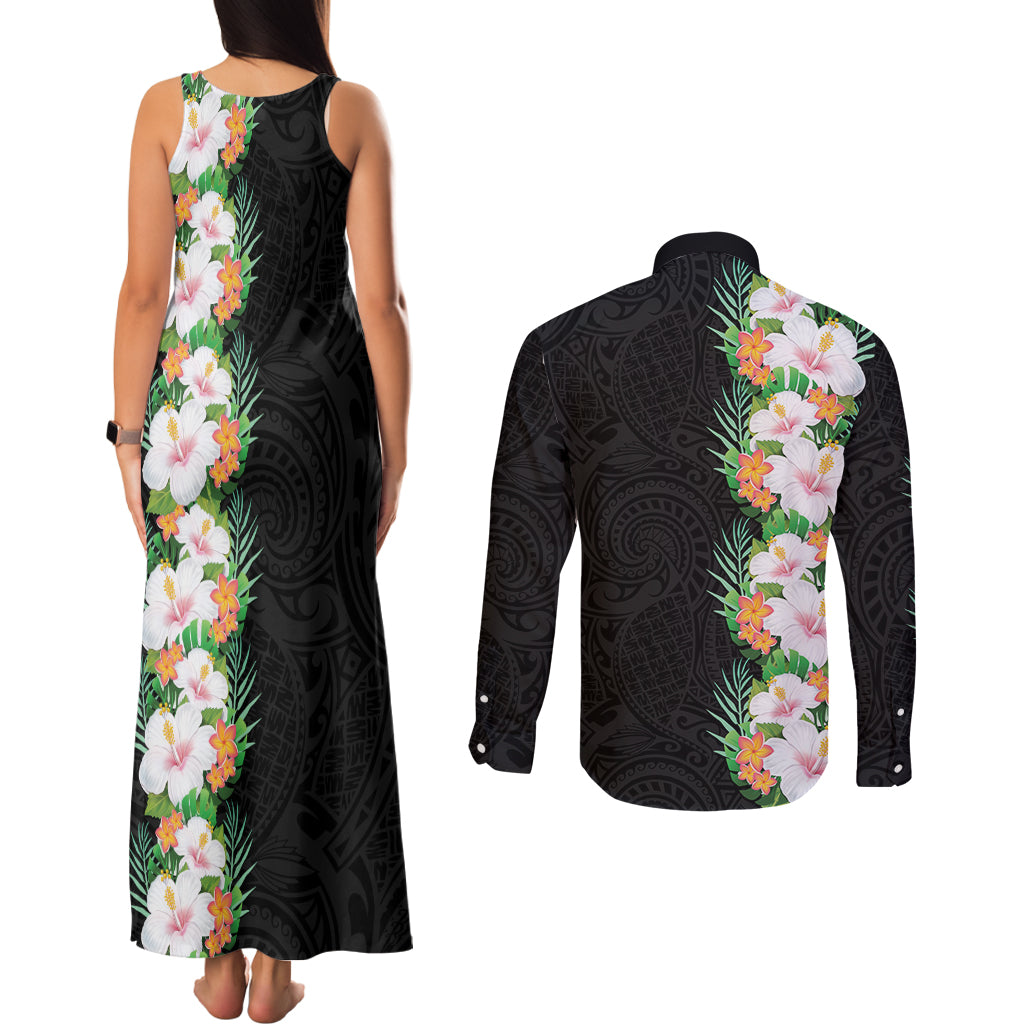 Hawaii Tropical Flowers Tribal Pattern Couples Matching Tank Maxi Dress and Long Sleeve Button Shirt No3 LT9 - Polynesian Pride