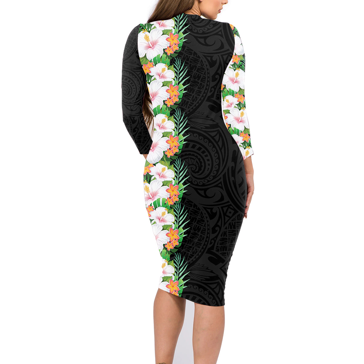 Hawaii Tropical Flowers Tribal Pattern Family Matching Long Sleeve Bodycon Dress and Hawaiian Shirt No3 LT9 - Polynesian Pride