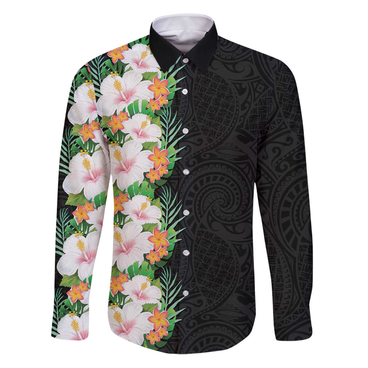 Hawaii Tropical Flowers Tribal Pattern Family Matching Puletasi and Hawaiian Shirt No3 LT9 Dad's Shirt - Long Sleeve Black - Polynesian Pride