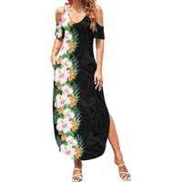 Hawaii Tropical Flowers Tribal Pattern Family Matching Summer Maxi Dress and Hawaiian Shirt No3 LT9 Mom's Dress Black - Polynesian Pride
