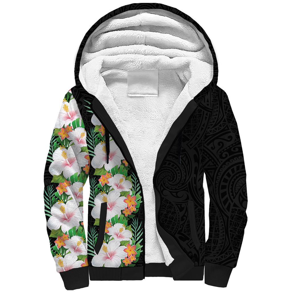 Hawaii Tropical Flowers Tribal Pattern Sherpa Hoodie No3 LT9 Unisex Black - Polynesian Pride