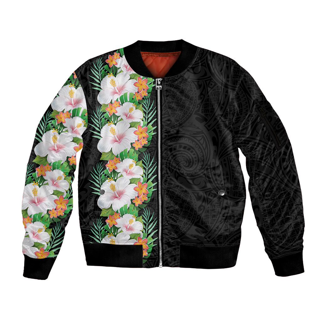 Hawaii Tropical Flowers Tribal Pattern Sleeve Zip Bomber Jacket No3 LT9 Unisex Black - Polynesian Pride