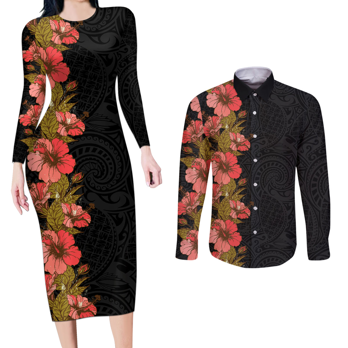 Hawaii Tropical Flowers Tribal Pattern Couples Matching Long Sleeve Bodycon Dress and Long Sleeve Button Shirt No4 LT9 Black - Polynesian Pride