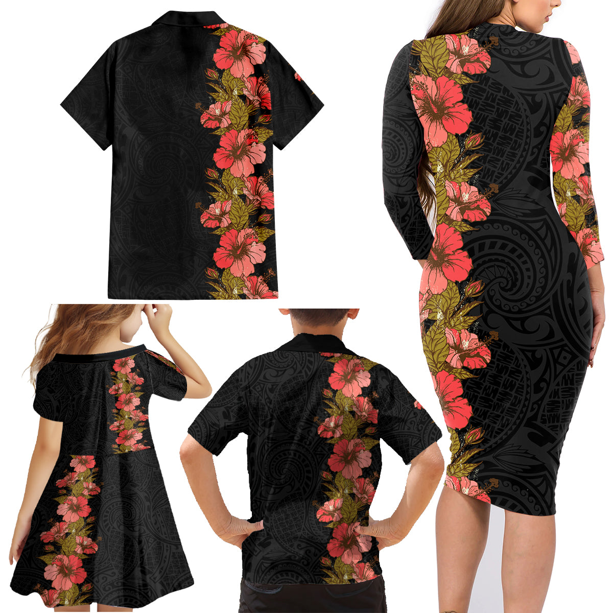 Hawaii Tropical Flowers Tribal Pattern Family Matching Long Sleeve Bodycon Dress and Hawaiian Shirt No4 LT9 - Polynesian Pride