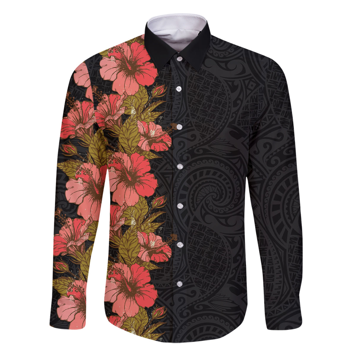 Hawaii Tropical Flowers Tribal Pattern Family Matching Summer Maxi Dress and Hawaiian Shirt No4 LT9 Dad's Shirt - Long Sleeve Black - Polynesian Pride