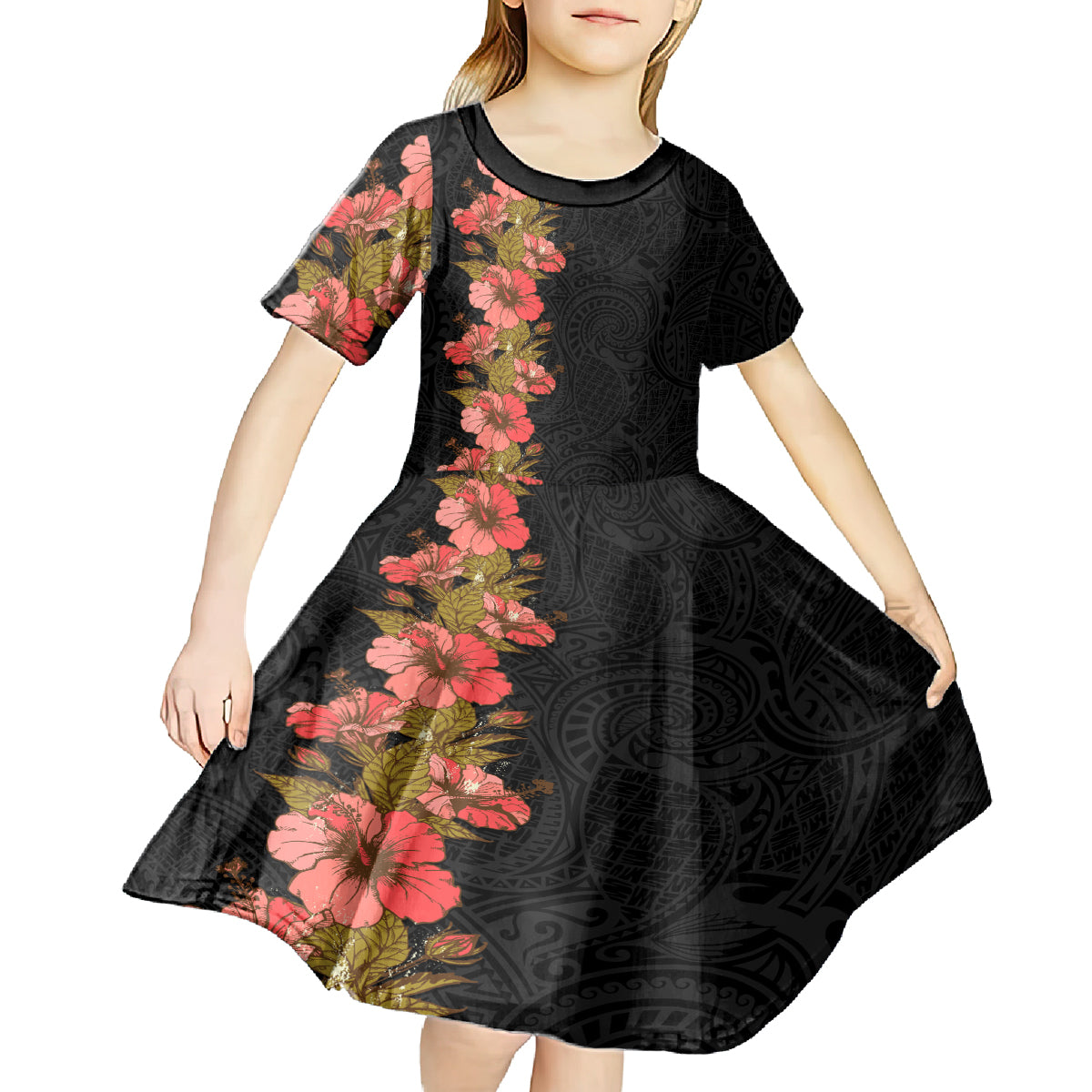 Hawaii Tropical Flowers Tribal Pattern Kid Short Sleeve Dress No4 LT9 - Polynesian Pride