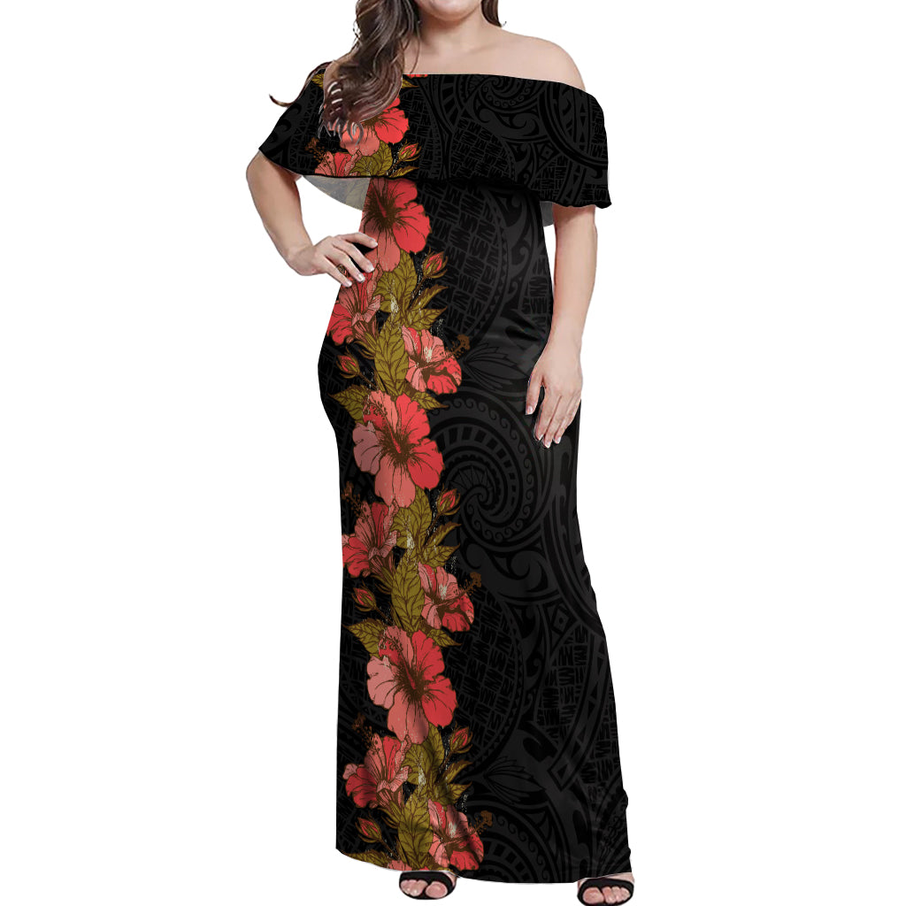 Hawaii Tropical Flowers Tribal Pattern Off Shoulder Maxi Dress No4 LT9 Women Black - Polynesian Pride