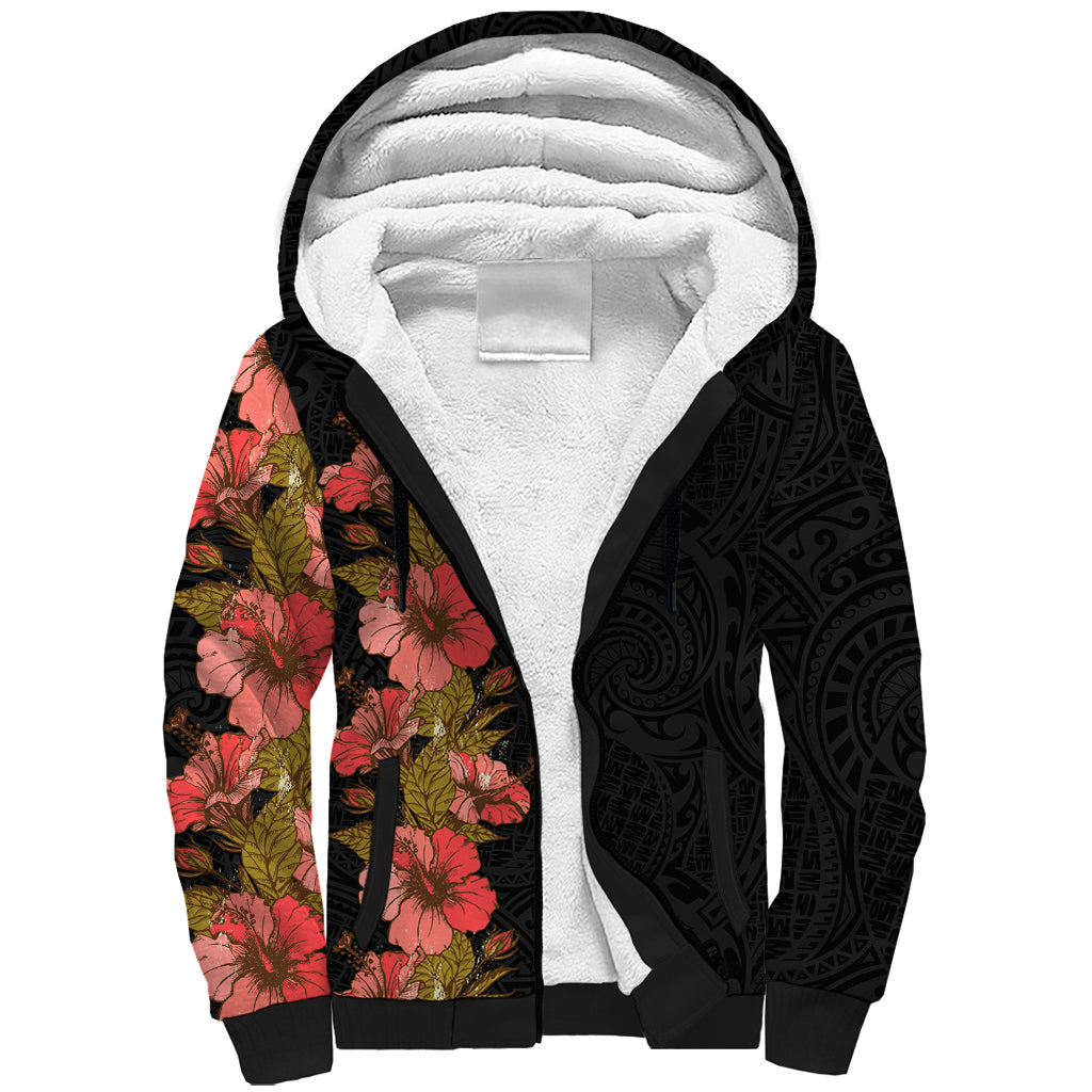 Hawaii Tropical Flowers Tribal Pattern Sherpa Hoodie No4 LT9 Unisex Black - Polynesian Pride