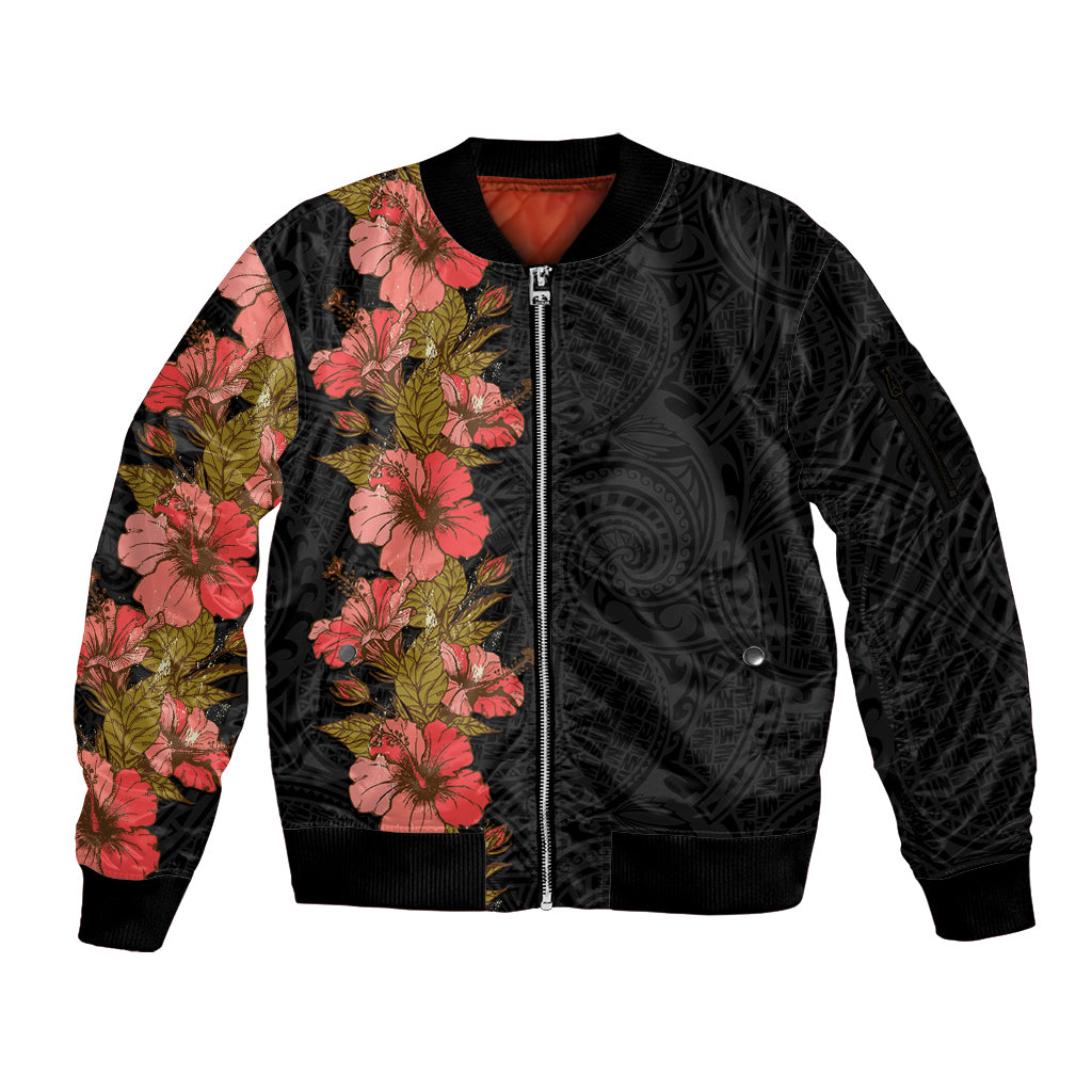 Hawaii Tropical Flowers Tribal Pattern Sleeve Zip Bomber Jacket No4 LT9 Unisex Black - Polynesian Pride