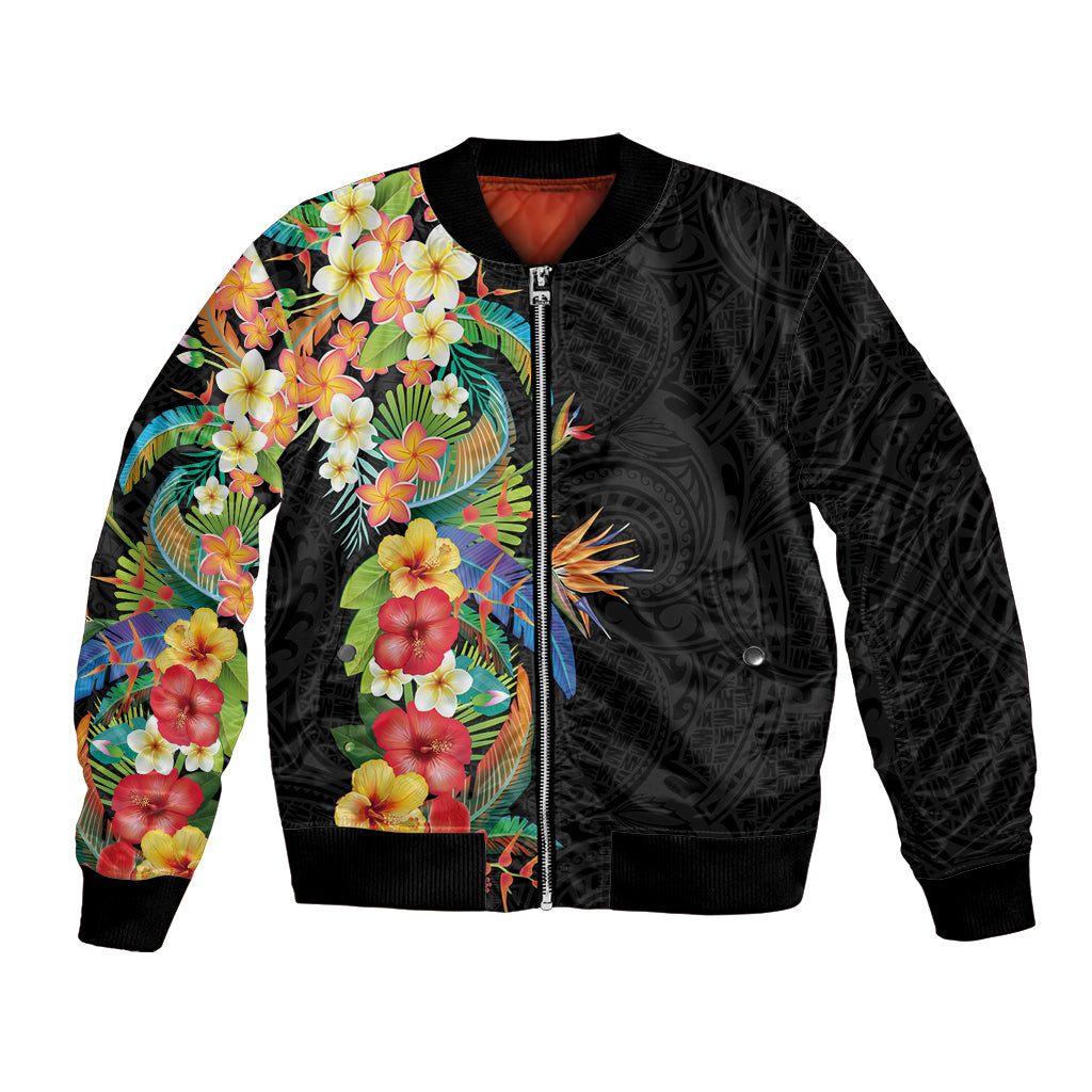 Hawaii Tropical Flowers Tribal Pattern Bomber Jacket No5 LT9 Unisex Black - Polynesian Pride