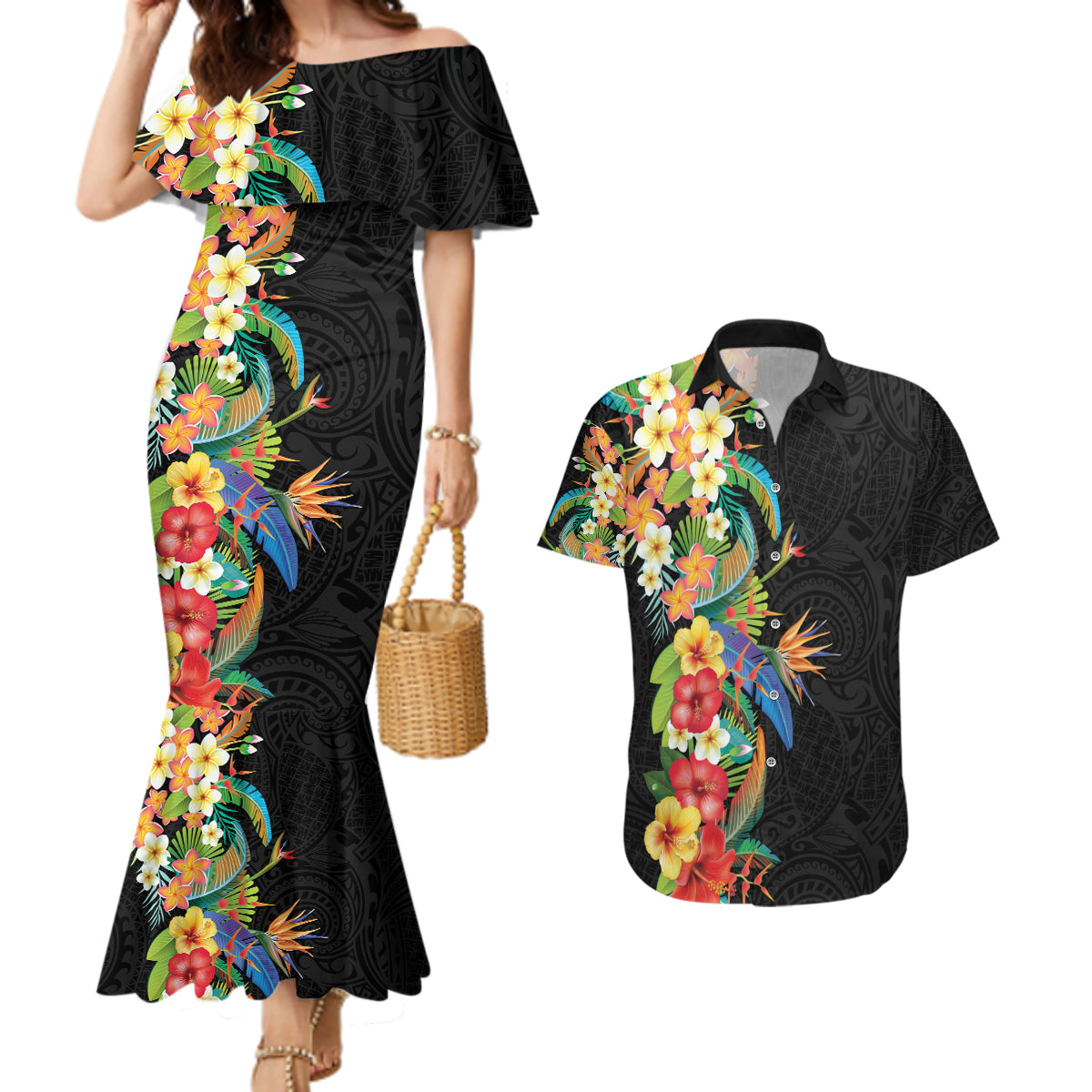 Hawaii Tropical Flowers Tribal Pattern Couples Matching Mermaid Dress and Hawaiian Shirt No5 LT9 Black - Polynesian Pride