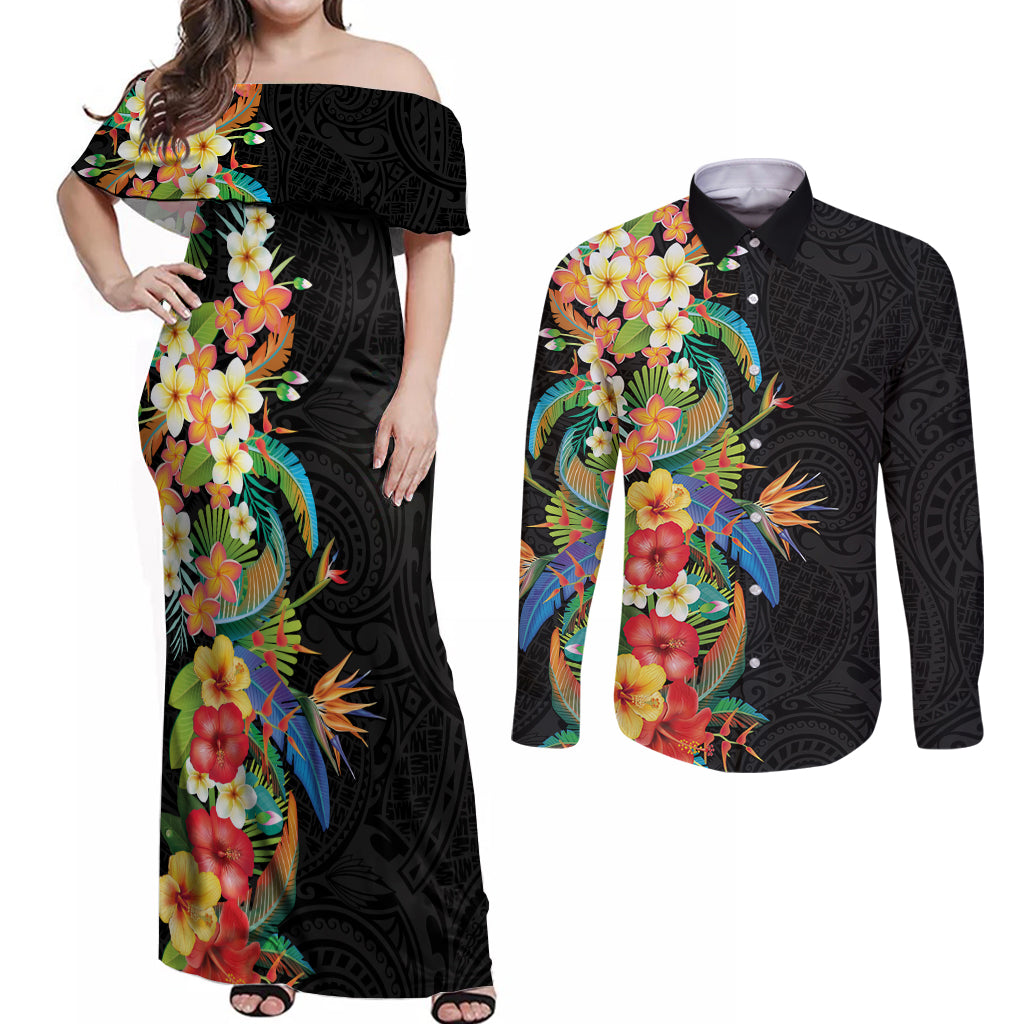 Hawaii Tropical Flowers Tribal Pattern Couples Matching Off Shoulder Maxi Dress and Long Sleeve Button Shirt No5 LT9 Black - Polynesian Pride