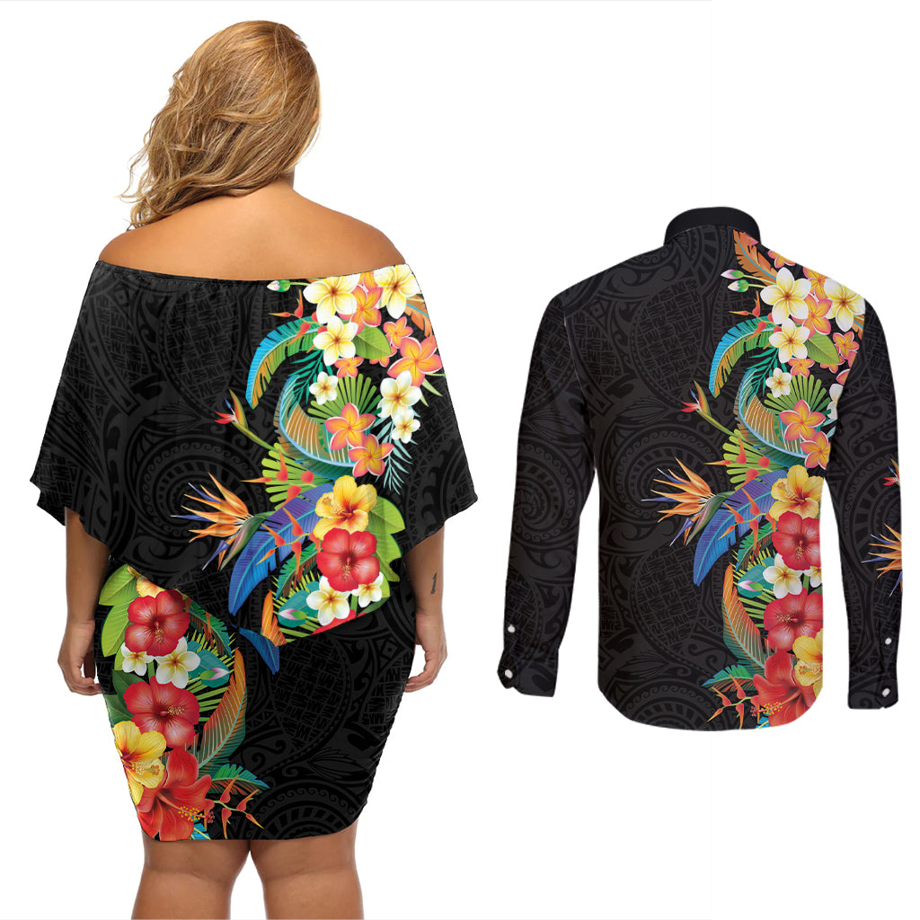 Hawaii Tropical Flowers Tribal Pattern Couples Matching Off Shoulder Short Dress and Long Sleeve Button Shirt No5 LT9 - Polynesian Pride