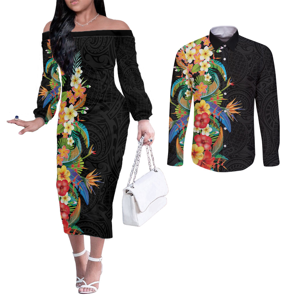 Hawaii Tropical Flowers Tribal Pattern Couples Matching Off The Shoulder Long Sleeve Dress and Long Sleeve Button Shirt No5 LT9 Black - Polynesian Pride