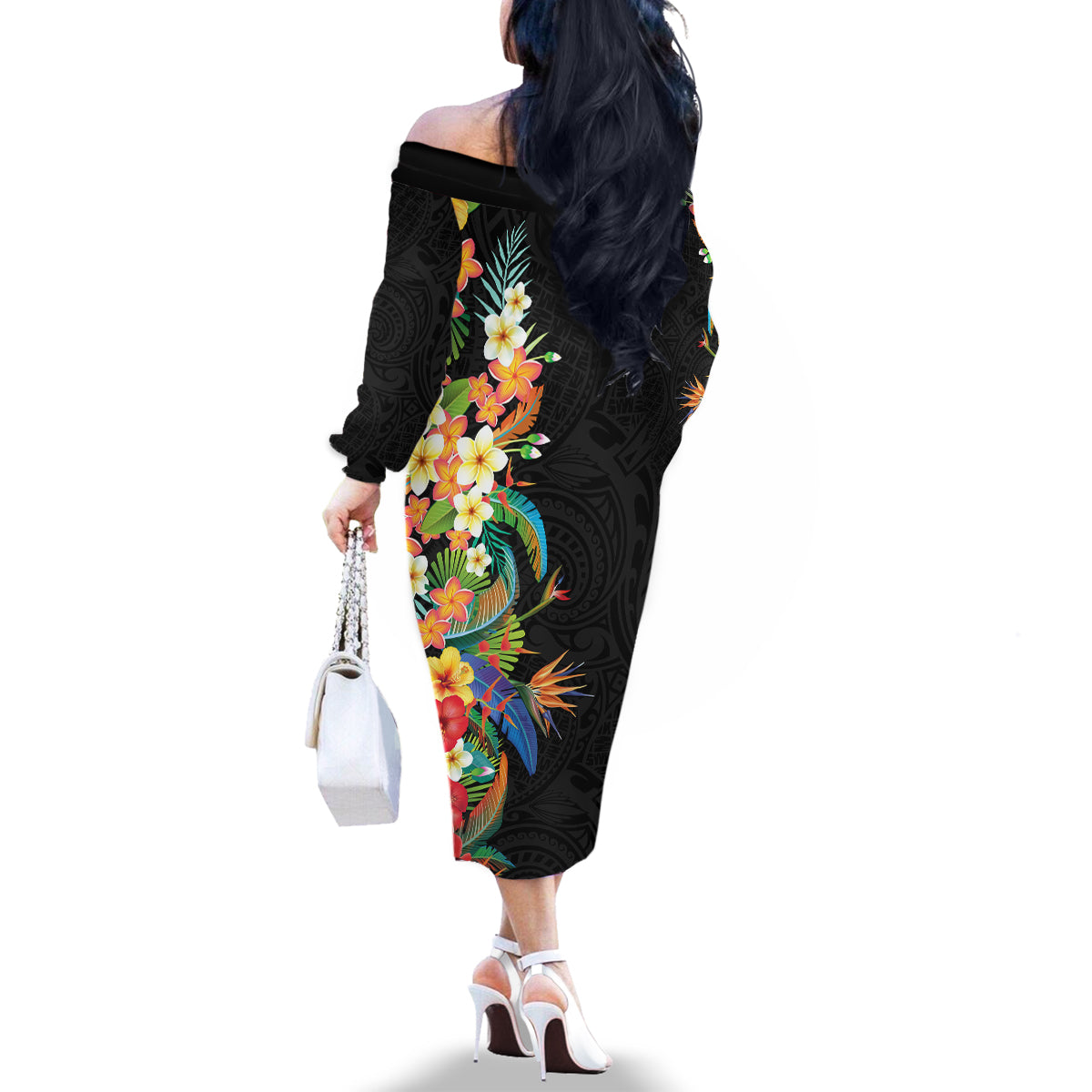 Hawaii Tropical Flowers Tribal Pattern Family Matching Off Shoulder Long Sleeve Dress and Hawaiian Shirt No5 LT9 - Polynesian Pride