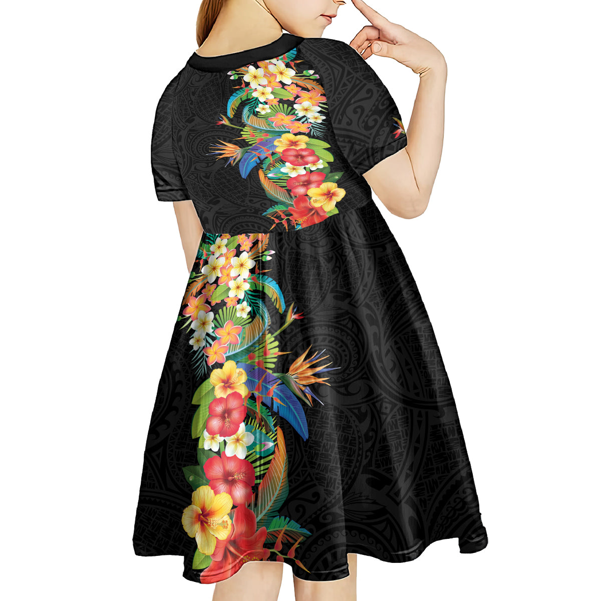 Hawaii Tropical Flowers Tribal Pattern Kid Short Sleeve Dress No5 LT9 - Polynesian Pride