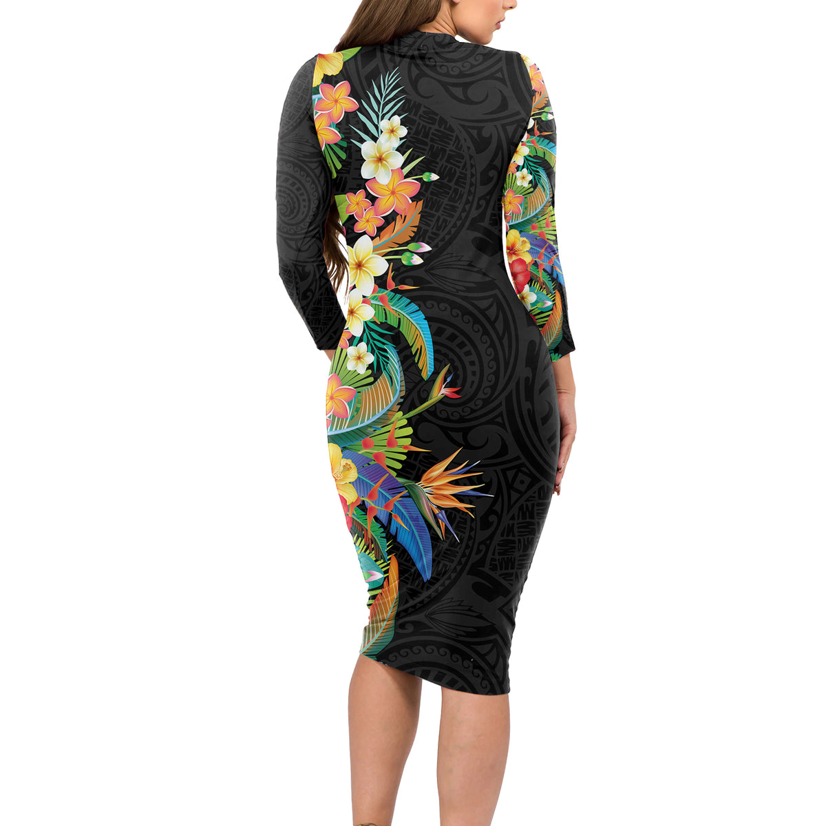 Hawaii Tropical Flowers Tribal Pattern Long Sleeve Bodycon Dress No5 LT9 - Polynesian Pride