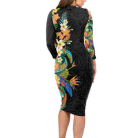Hawaii Tropical Flowers Tribal Pattern Long Sleeve Bodycon Dress No5 LT9 - Polynesian Pride