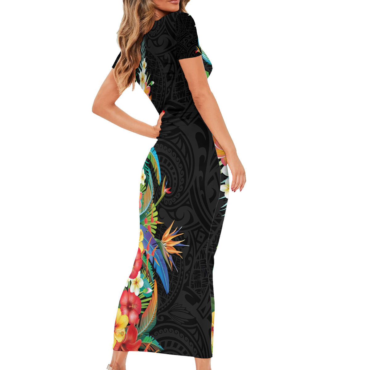 Hawaii Tropical Flowers Tribal Pattern Short Sleeve Bodycon Dress No5 LT9 - Polynesian Pride