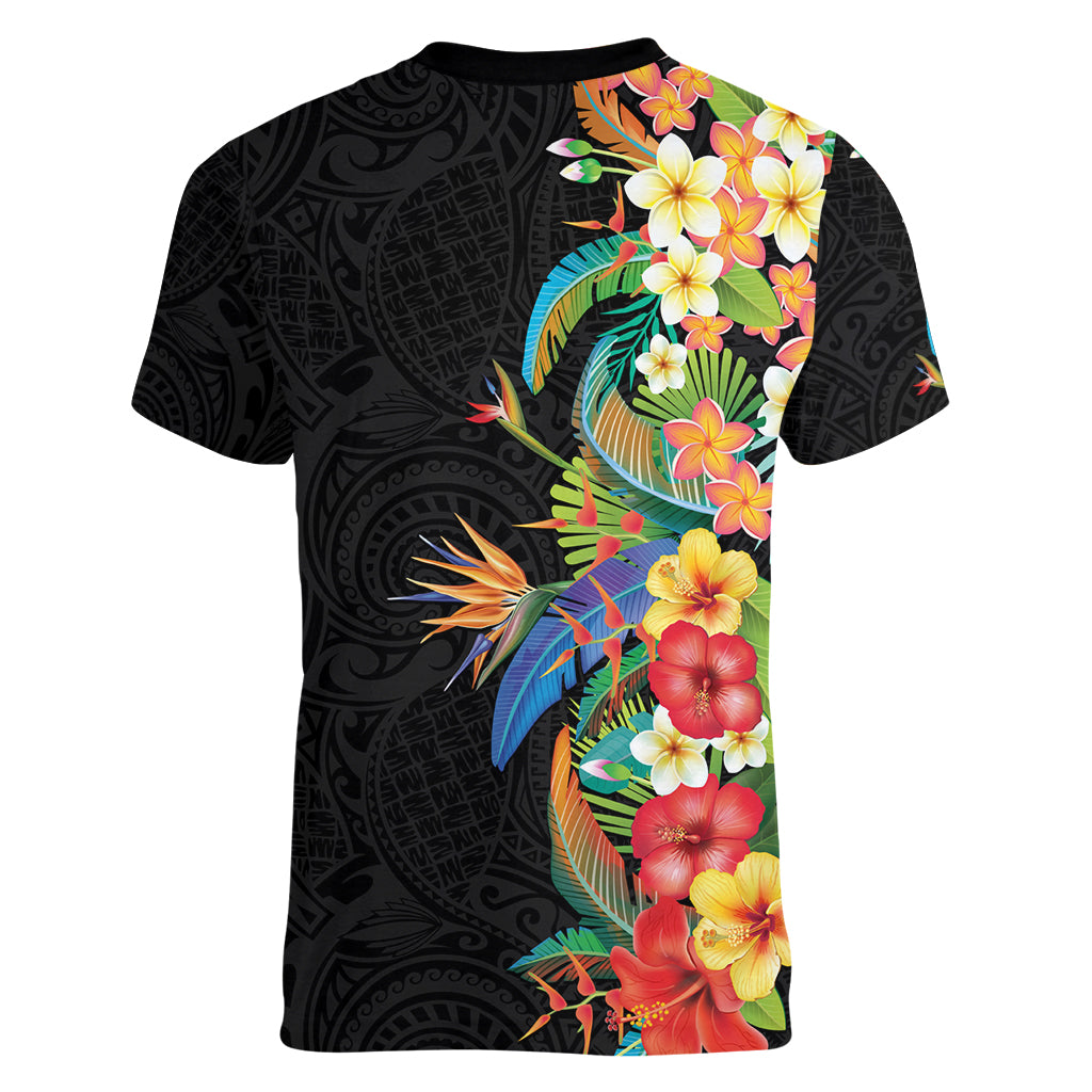 Hawaii Tropical Flowers Tribal Pattern Women V Neck T Shirt No5 LT9 - Polynesian Pride