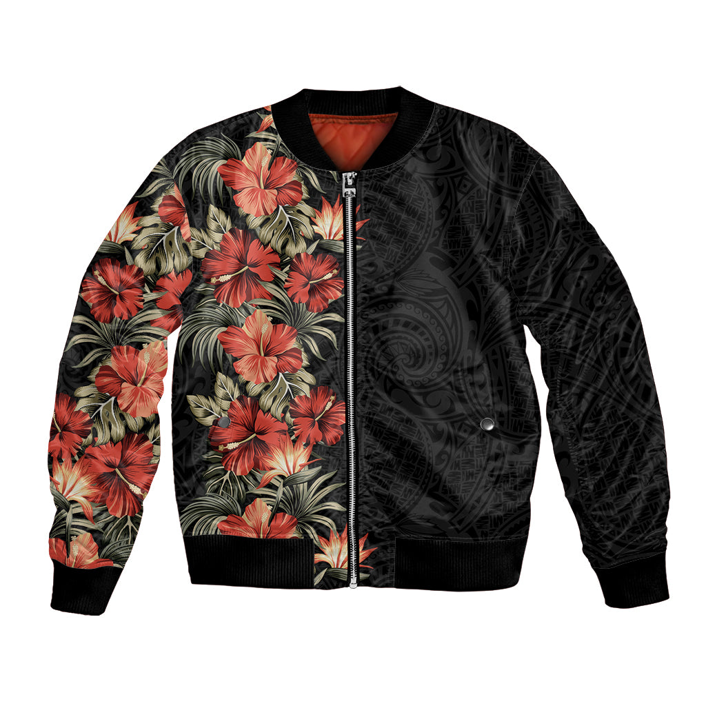 Hawaii Tropical Flowers Tribal Pattern Bomber Jacket No6 LT9 Unisex Black - Polynesian Pride