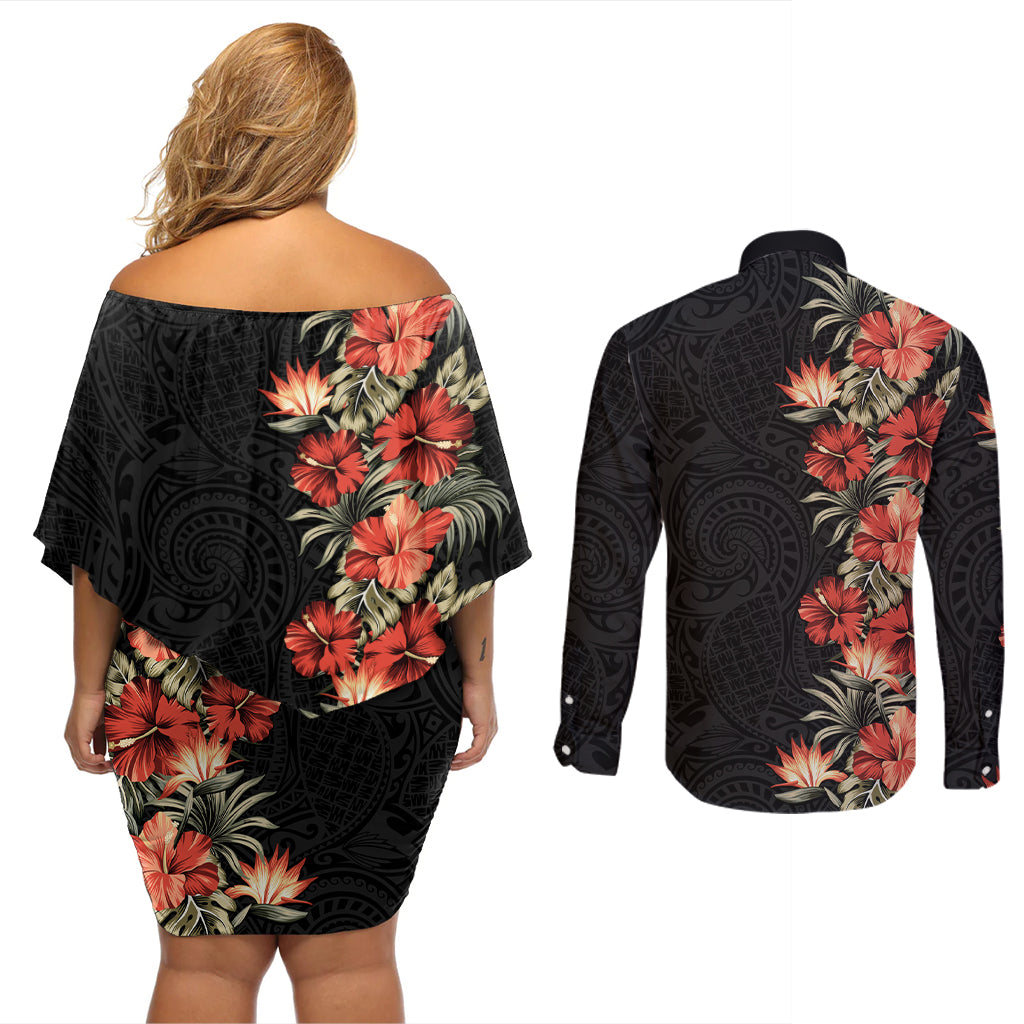Hawaii Tropical Flowers Tribal Pattern Couples Matching Off Shoulder Short Dress and Long Sleeve Button Shirt No6 LT9 - Polynesian Pride