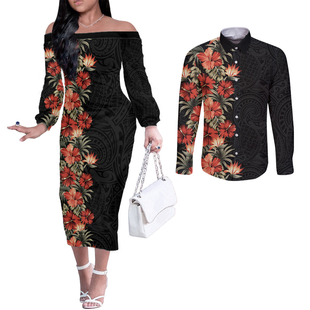 Hawaii Tropical Flowers Tribal Pattern Couples Matching Off The Shoulder Long Sleeve Dress and Long Sleeve Button Shirt No6 LT9 Black - Polynesian Pride