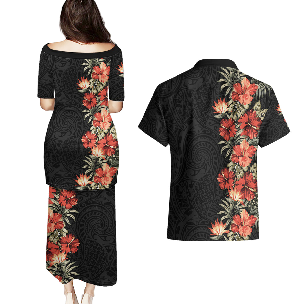 Hawaii Tropical Flowers Tribal Pattern Couples Matching Puletasi and Hawaiian Shirt No6 LT9 - Polynesian Pride