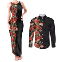 Hawaii Tropical Flowers Tribal Pattern Couples Matching Tank Maxi Dress and Long Sleeve Button Shirt No6 LT9 Black - Polynesian Pride