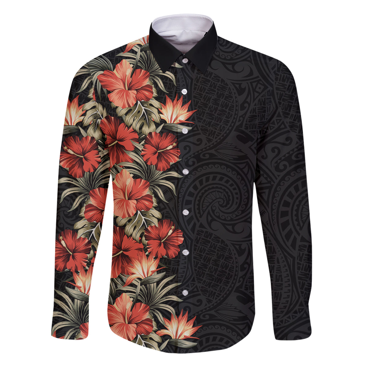 Hawaii Tropical Flowers Tribal Pattern Family Matching Long Sleeve Bodycon Dress and Hawaiian Shirt No6 LT9 Dad's Shirt - Long Sleeve Black - Polynesian Pride
