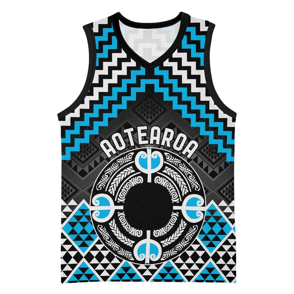 Personalised Aotearoa Niho Taniwha Motif Basketball Jersey Blue Style - Polynesian Pride