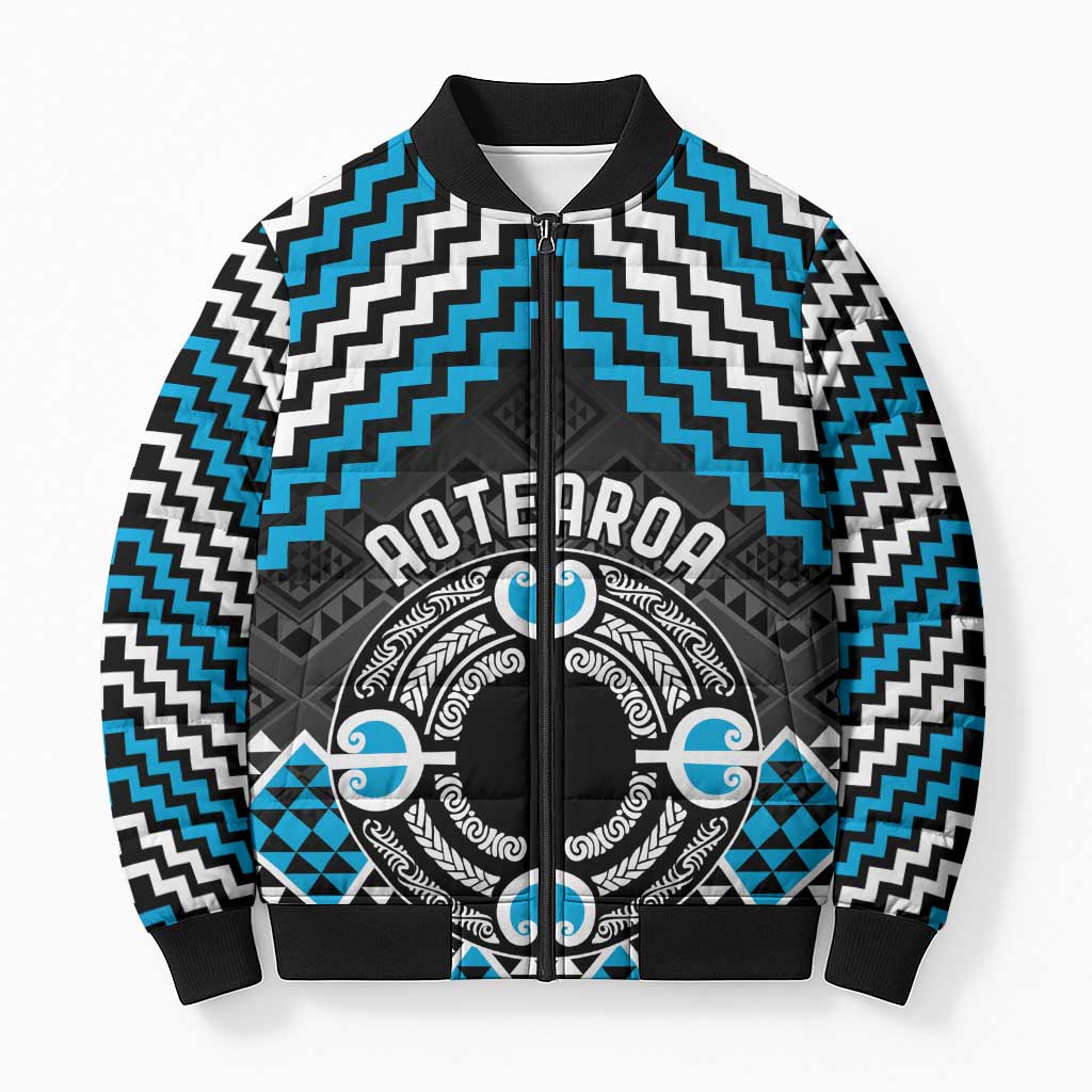 Personalised Aotearoa Niho Taniwha Motif Bomber Puffer Jacket Blue Style - Polynesian Pride