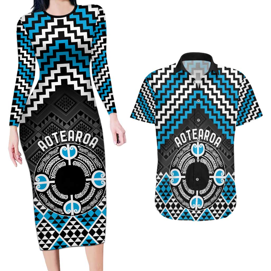 Personalised Aotearoa Niho Taniwha Motif Couples Matching Long Sleeve Bodycon Dress and Hawaiian Shirt Blue Style
