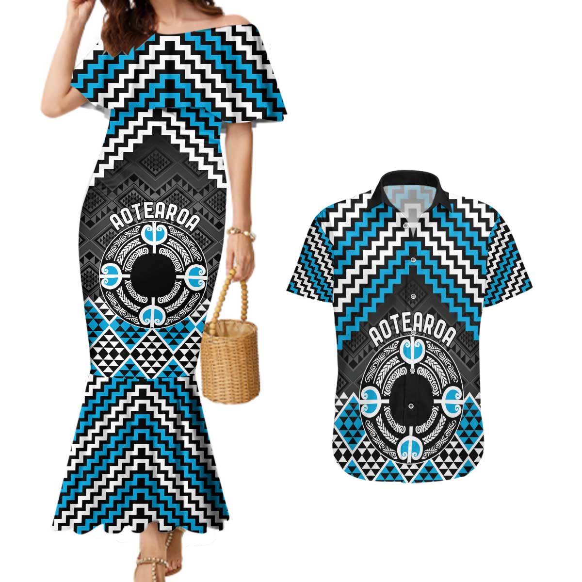 Personalised Aotearoa Niho Taniwha Motif Couples Matching Mermaid Dress and Hawaiian Shirt Blue Style