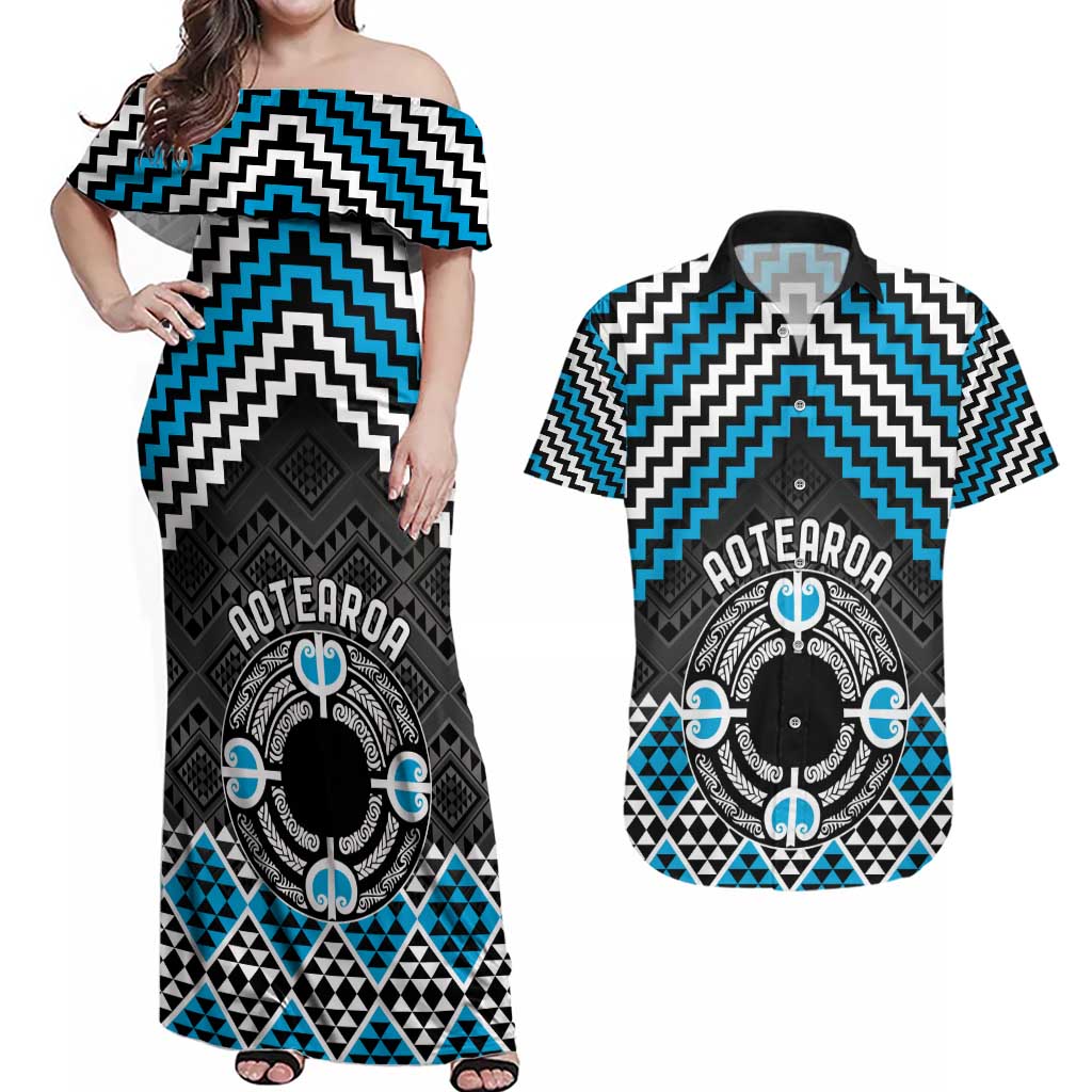 Personalised Aotearoa Niho Taniwha Motif Couples Matching Off Shoulder Maxi Dress and Hawaiian Shirt Blue Style