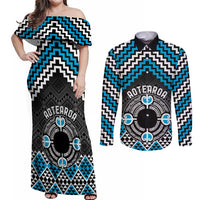 Personalised Aotearoa Niho Taniwha Motif Couples Matching Off Shoulder Maxi Dress and Long Sleeve Button Shirt Blue Style