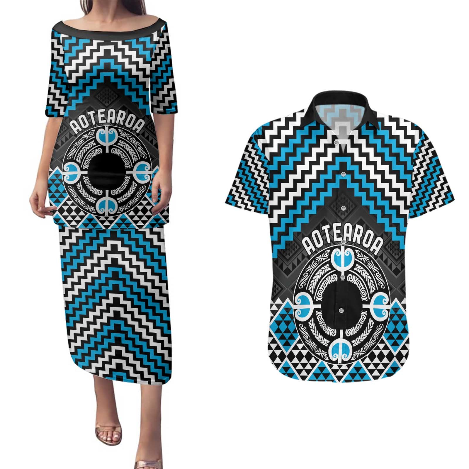 Personalised Aotearoa Niho Taniwha Motif Couples Matching Puletasi and Hawaiian Shirt Blue Style