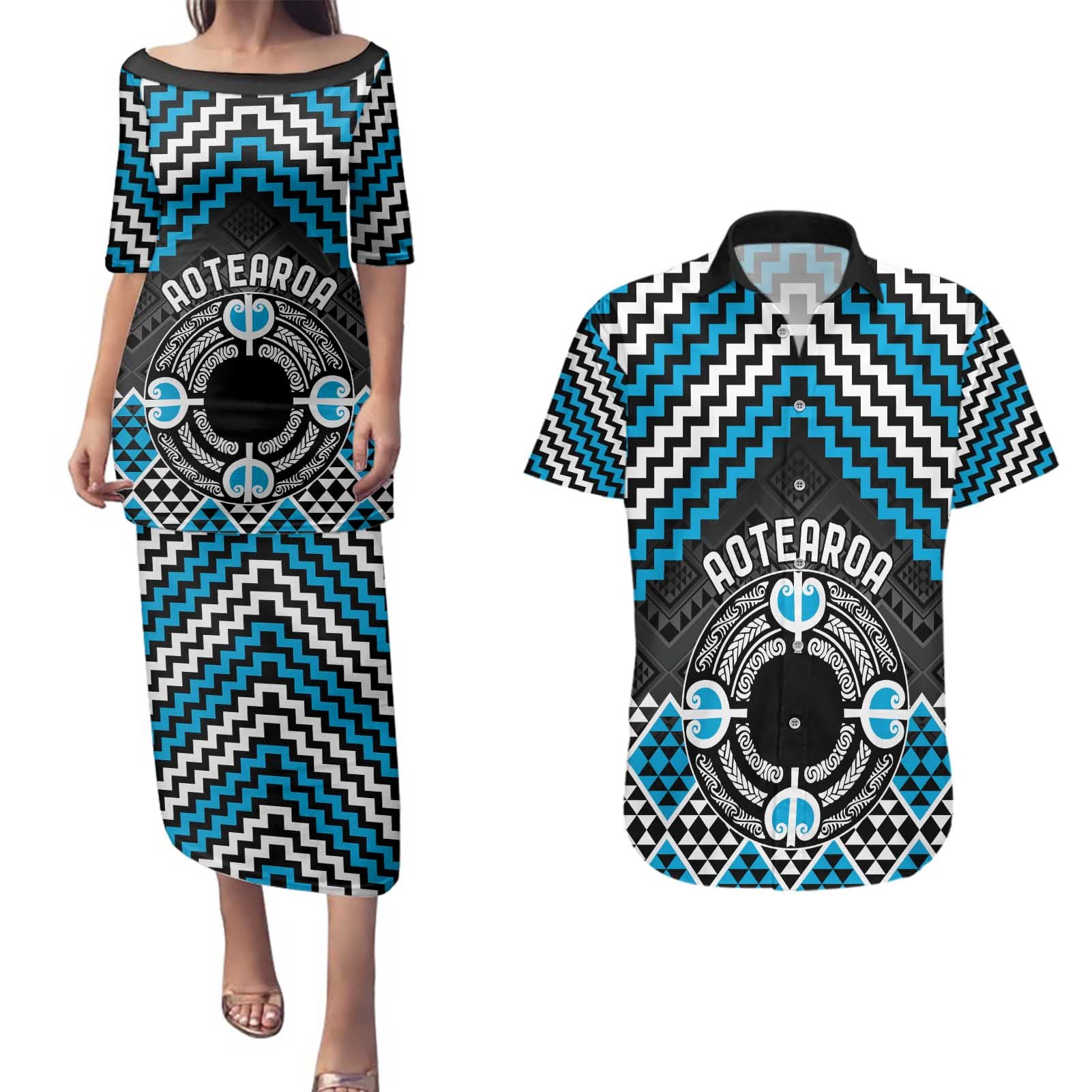 Personalised Aotearoa Niho Taniwha Motif Couples Matching Puletasi and Hawaiian Shirt Blue Style