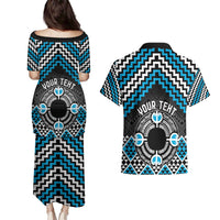 Personalised Aotearoa Niho Taniwha Motif Couples Matching Puletasi and Hawaiian Shirt Blue Style